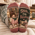 Shhh I’m Reading Socks, Cozy Book Lover Crew Socks, Bookworm Socks for Women, Reader Gift, Holiday Bookish Gift