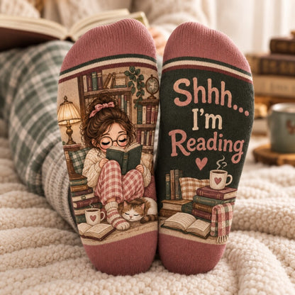 Shhh I’m Reading Socks, Cozy Book Lover Crew Socks, Bookworm Socks for Women, Reader Gift, Holiday Bookish Gift