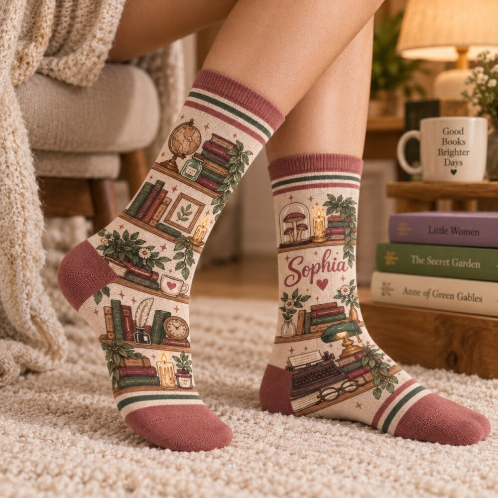 Shhh I’m Reading Socks, Cozy Book Lover Crew Socks, Bookworm Socks for Women, Reader Gift, Holiday Bookish Gift