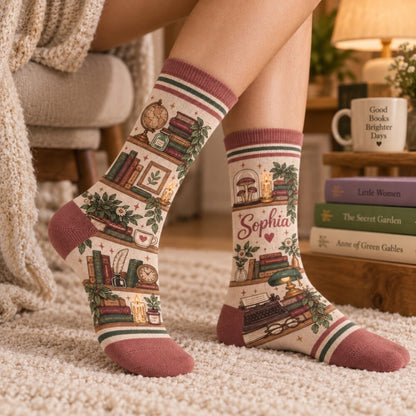 Shhh I’m Reading Socks, Cozy Book Lover Crew Socks, Bookworm Socks for Women, Reader Gift, Holiday Bookish Gift