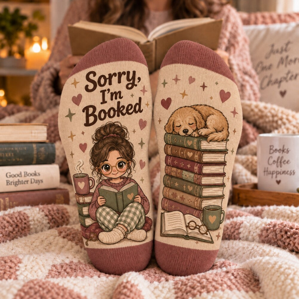 Sorry I’m Booked Reading Socks, Cozy Book Lover Crew Socks, Bookworm Socks for Women, Reader Gift, Bookish Christmas Gift