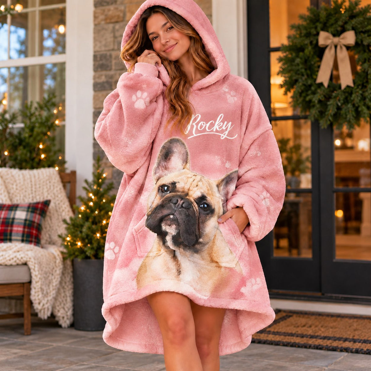 Personalized Pet Photo Pink Blanket Hoodie - worn view