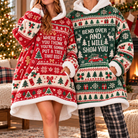 Funny Christmas Tree Quote Red Green Matching Couple Blanket Hoodie - worn view