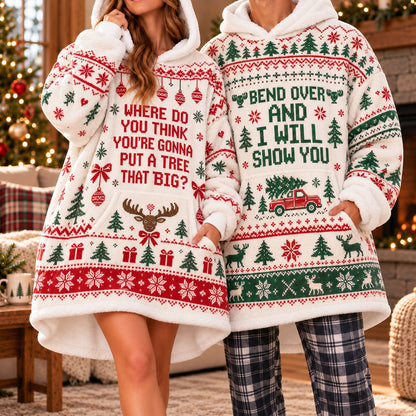 Funny Christmas Tree Truck Quote Cream Matching Couple Blanket Hoodie - worn view
