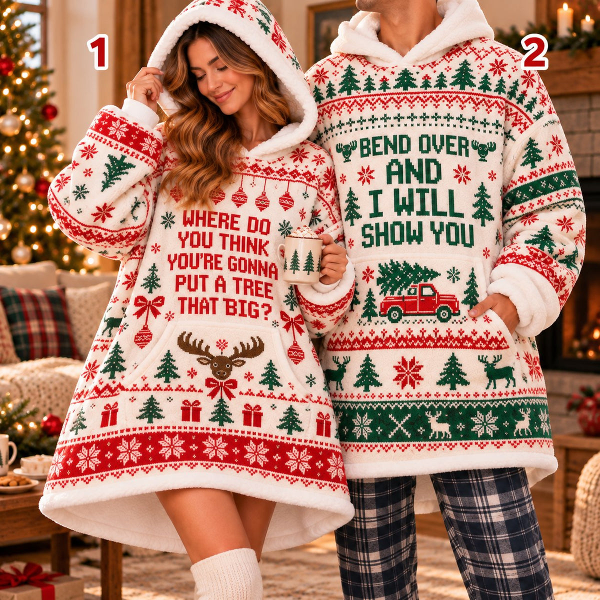 Funny Christmas Tree Truck Quote Cream Matching Couple Blanket Hoodie - view 2