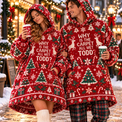 Funny Wet Carpet Quote Red Reindeer Matching Couple Blanket Hoodie - worn view