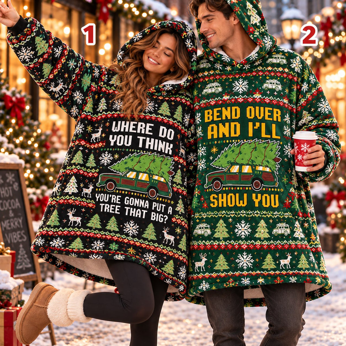 Funny Station Wagon Christmas Tree Quote Green Matching Couple Blanket Hoodie - view 2