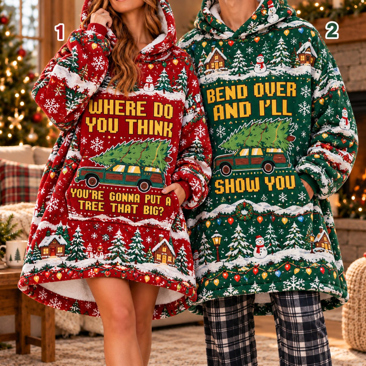 Funny Station Wagon Christmas Tree Quote Red Green Snowy Matching Couple Blanket Hoodie - worn view