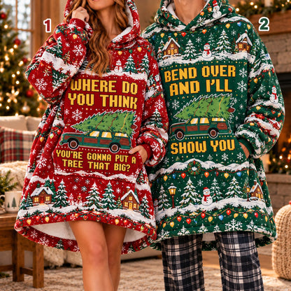 Funny Station Wagon Christmas Tree Quote Red Green Snowy Matching Couple Blanket Hoodie - worn view
