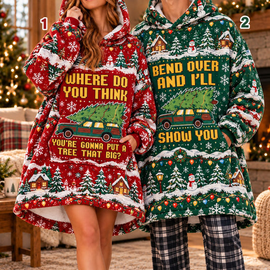 Funny Station Wagon Christmas Tree Quote Red Green Snowy Matching Couple Blanket Hoodie - worn view