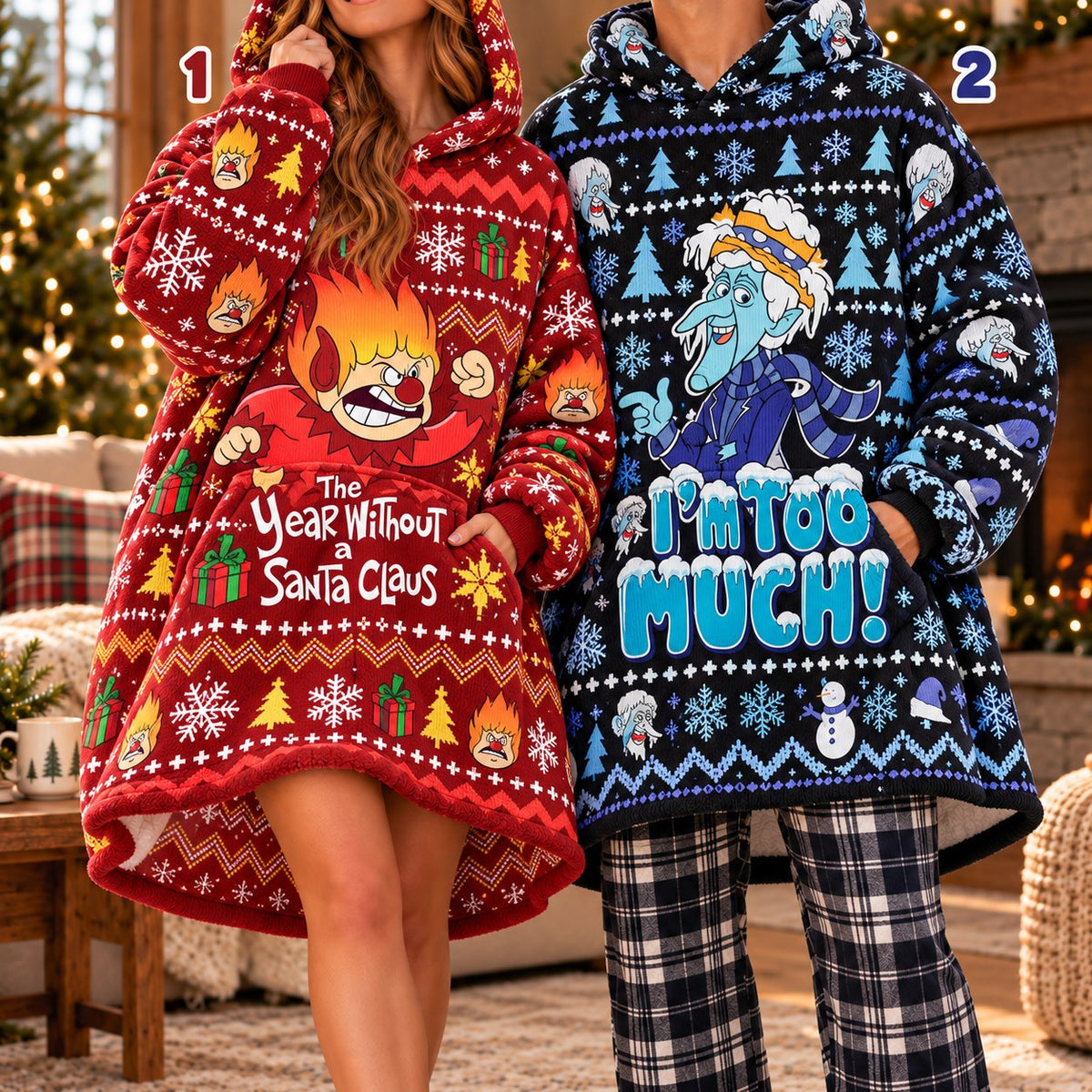 Retro Fire and Ice Matching Couple Blanket Hoodie - worn view