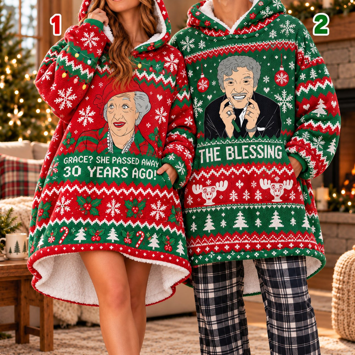 Funny Retro TV Grandma Red Green Matching Couple Blanket Hoodie - worn view