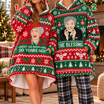 Funny Retro TV Grandma Red Green Matching Couple Blanket Hoodie - worn view