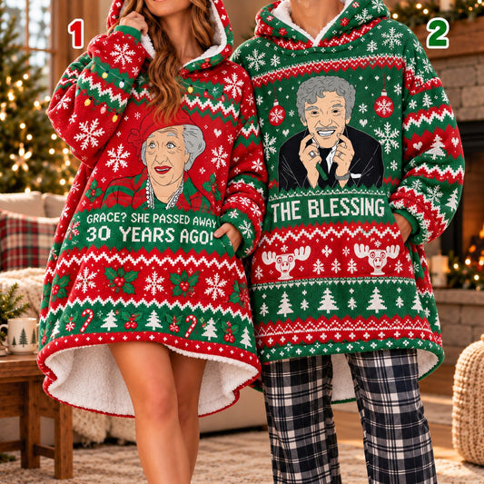 Funny Retro TV Grandma Red Green Matching Couple Blanket Hoodie - worn view