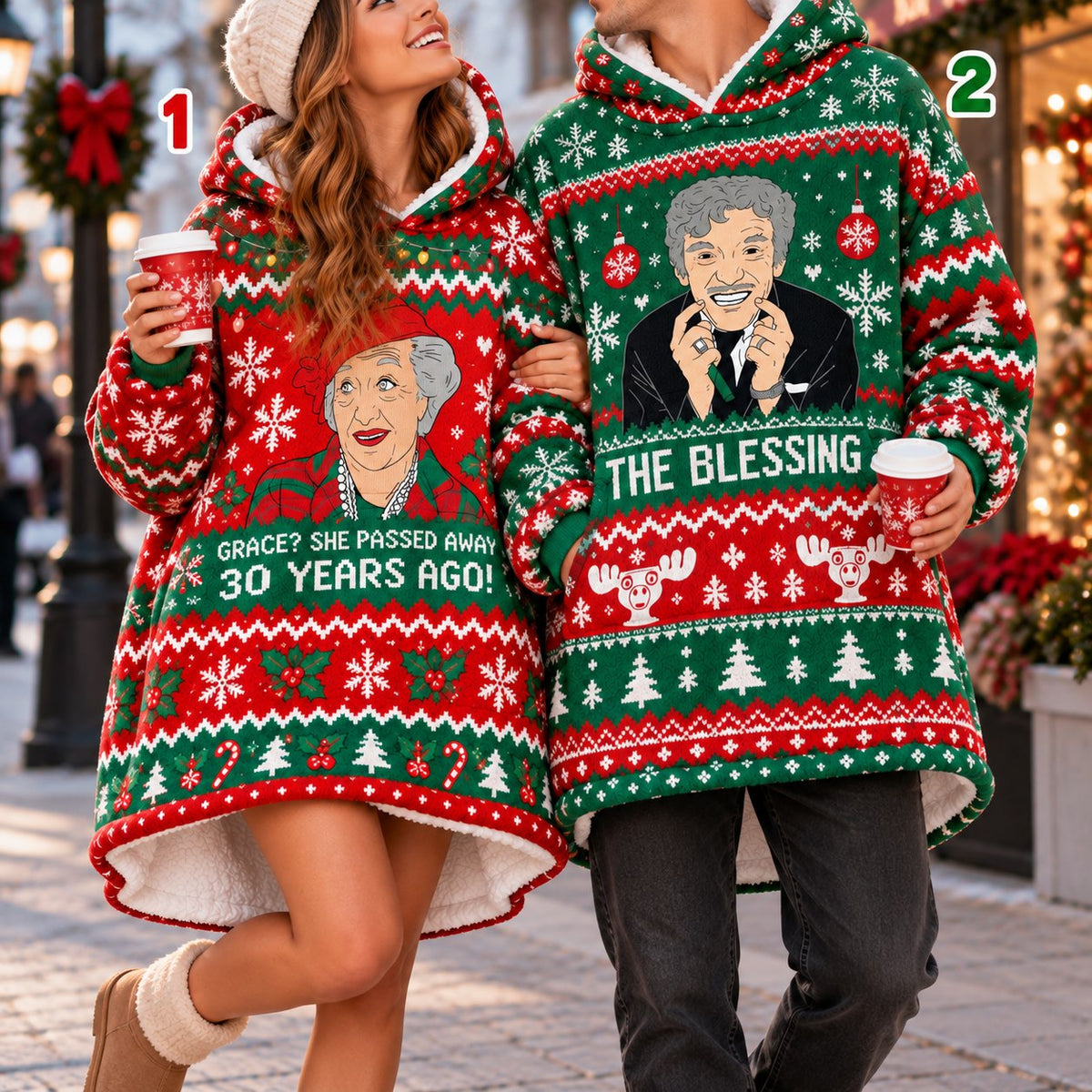 Funny Retro TV Grandma Red Green Matching Couple Blanket Hoodie - view 2