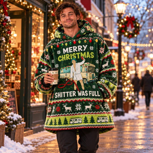 Funny Merry Christmas RV Green Reindeer Blanket Hoodie - worn view