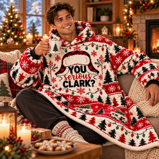 Funny Plaid Santa Hat Red Camper Blanket Hoodie - worn view