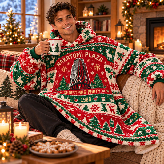 Retro 80s Christmas Party Skyscraper Red Green Blanket Hoodie - worn view