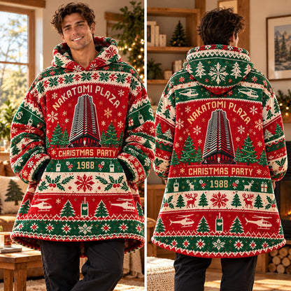 Retro 80s Christmas Party Skyscraper Red Green Blanket Hoodie - view 2