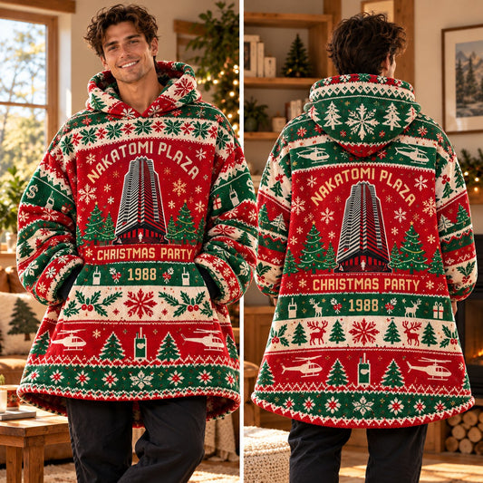 Retro 80s Christmas Party Skyscraper Red Green Blanket Hoodie - view 2