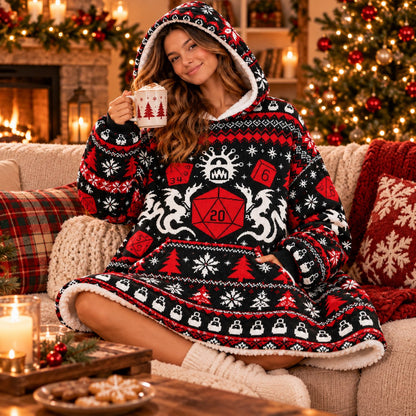 Red Dragon D20 Dice Black Red Fair Isle Blanket Hoodie - worn view