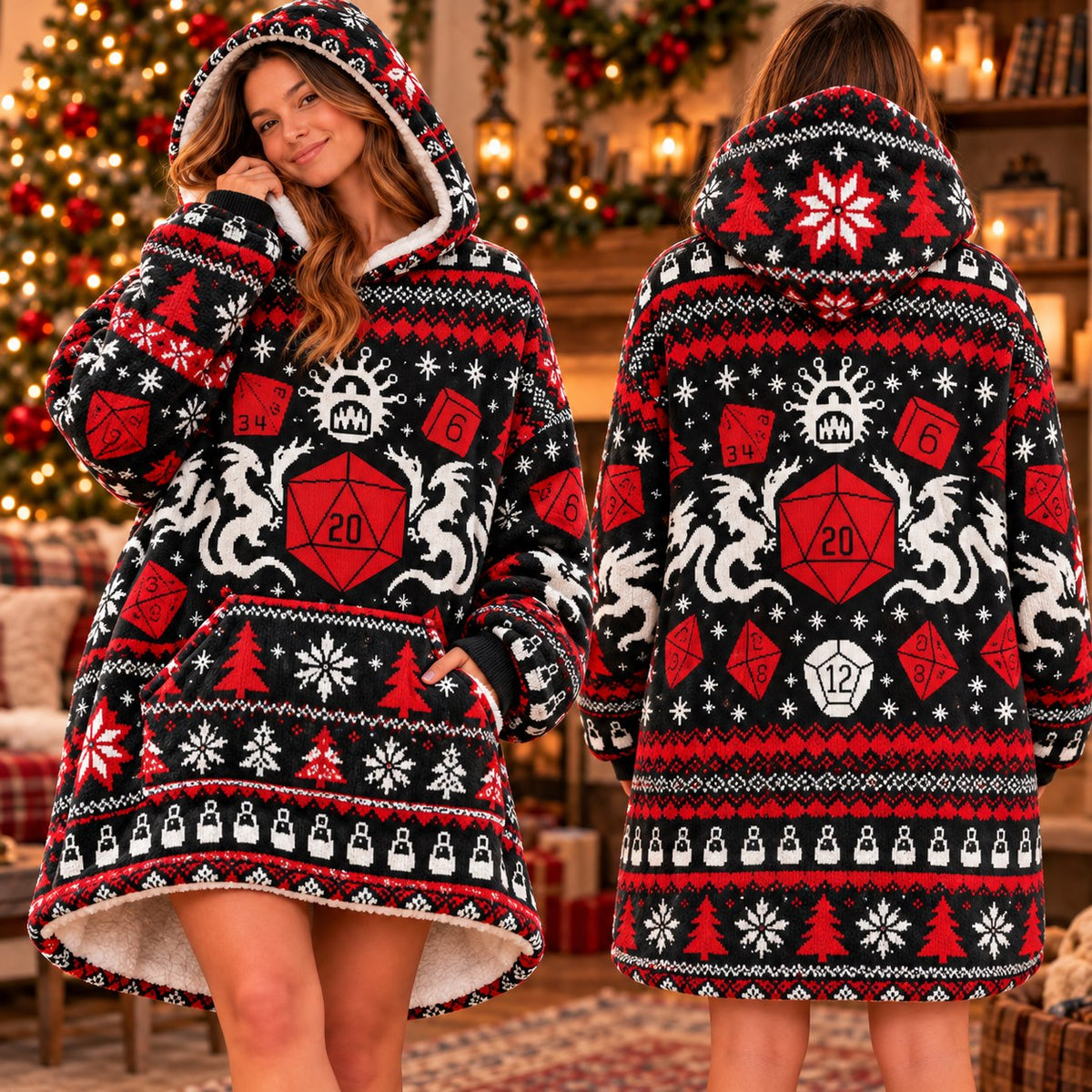 Red Dragon D20 Dice Black Red Fair Isle Blanket Hoodie - view 2