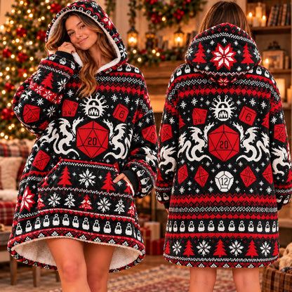 Red Dragon D20 Dice Black Red Fair Isle Blanket Hoodie - view 2