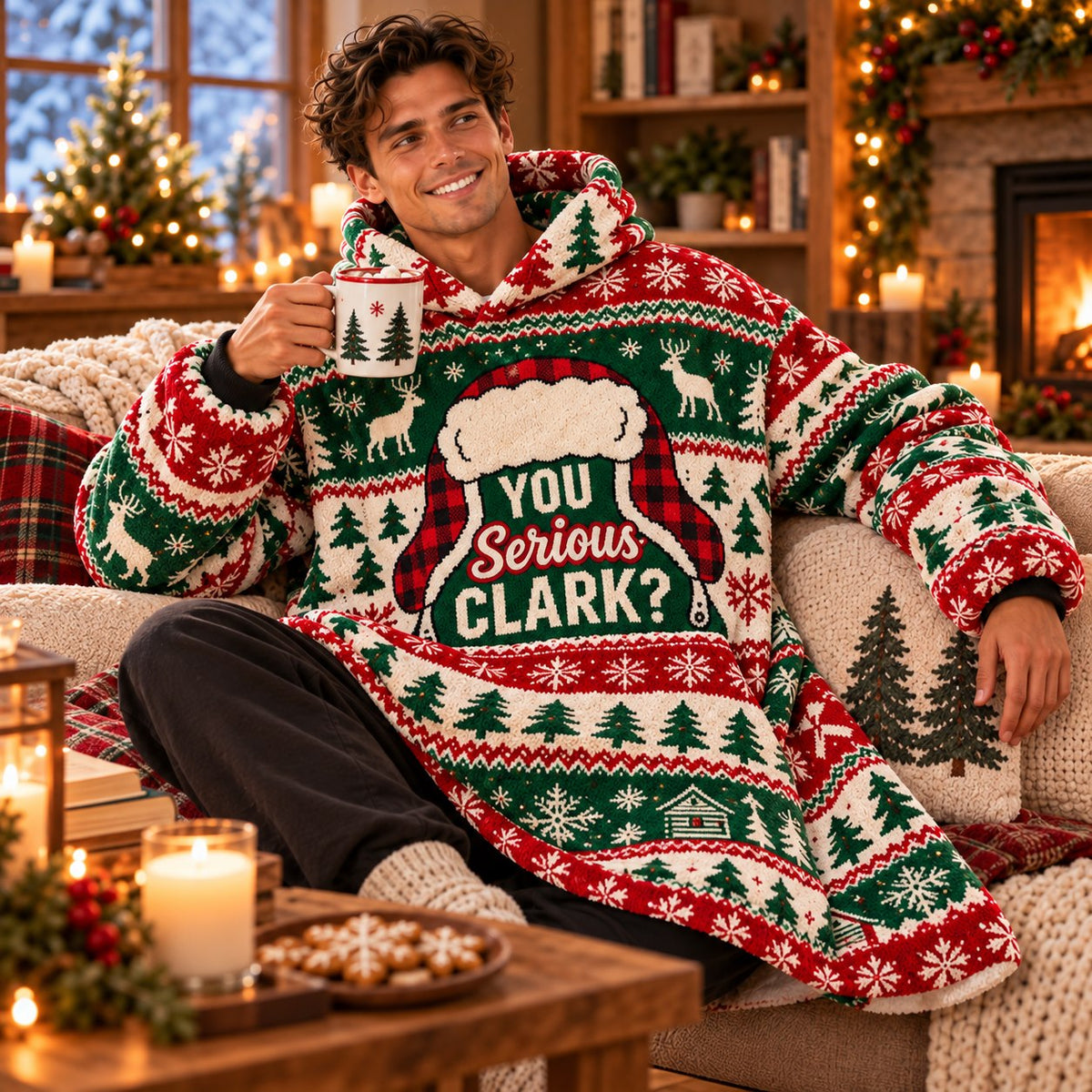 Funny Plaid Santa Hat Green Red Reindeer Blanket Hoodie - worn view