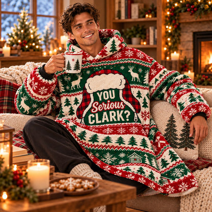 Funny Plaid Santa Hat Green Red Reindeer Blanket Hoodie - worn view