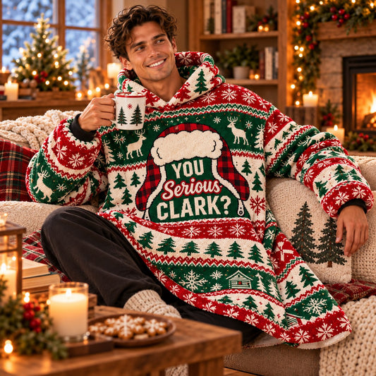 Funny Plaid Santa Hat Green Red Reindeer Blanket Hoodie - worn view