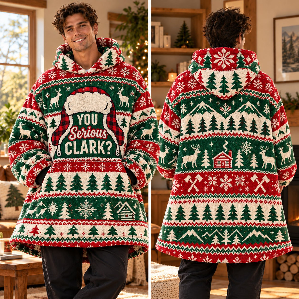 Funny Plaid Santa Hat Green Red Reindeer Blanket Hoodie - view 2