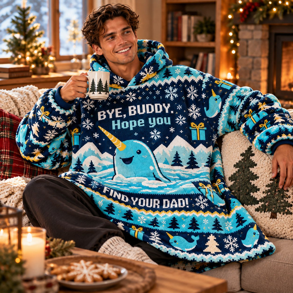 Funny Narwhal Blue Winter Blanket Hoodie - worn view