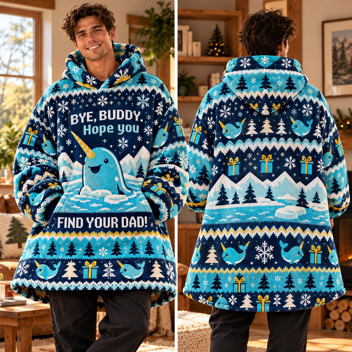 Funny Narwhal Blue Winter Blanket Hoodie - view 2