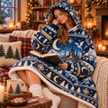 Navy Gold Moon Castle Dragon Blanket Hoodie – Oversized Sherpa Wearable Blanket, Bookish Fantasy Gift