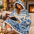 Blue White Mountain Dragon Fair Isle Blanket Hoodie – Oversized Sherpa Wearable Blanket, Bookish Fantasy Dragon Gift