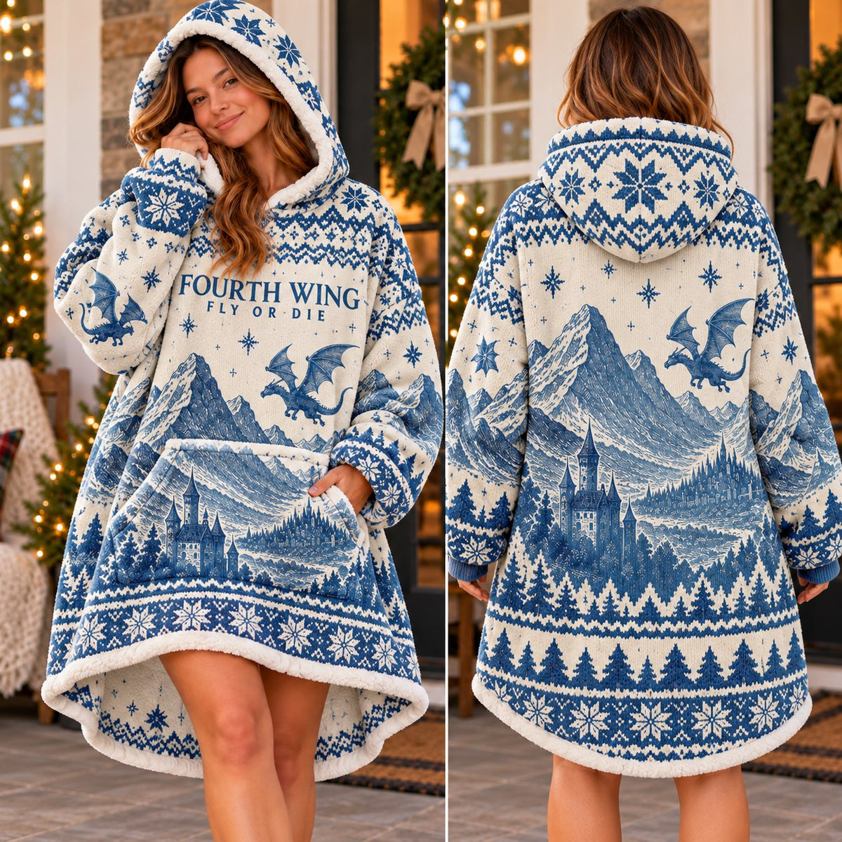 Blue White Mountain Dragon Fair Isle Blanket Hoodie - view 2