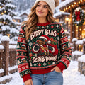 Santa Hat Swamp Creature Knit Ugly Christmas Sweater – Funny Gold Chain Red Green Holiday Meme Gift
