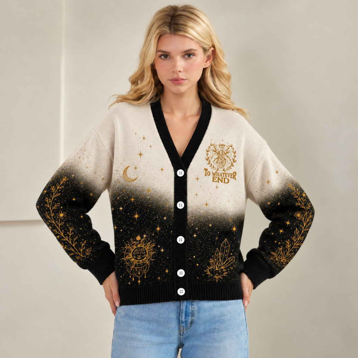 Throne of Glass cardigan To Whatever End gold sun moon cream black knit - view 1