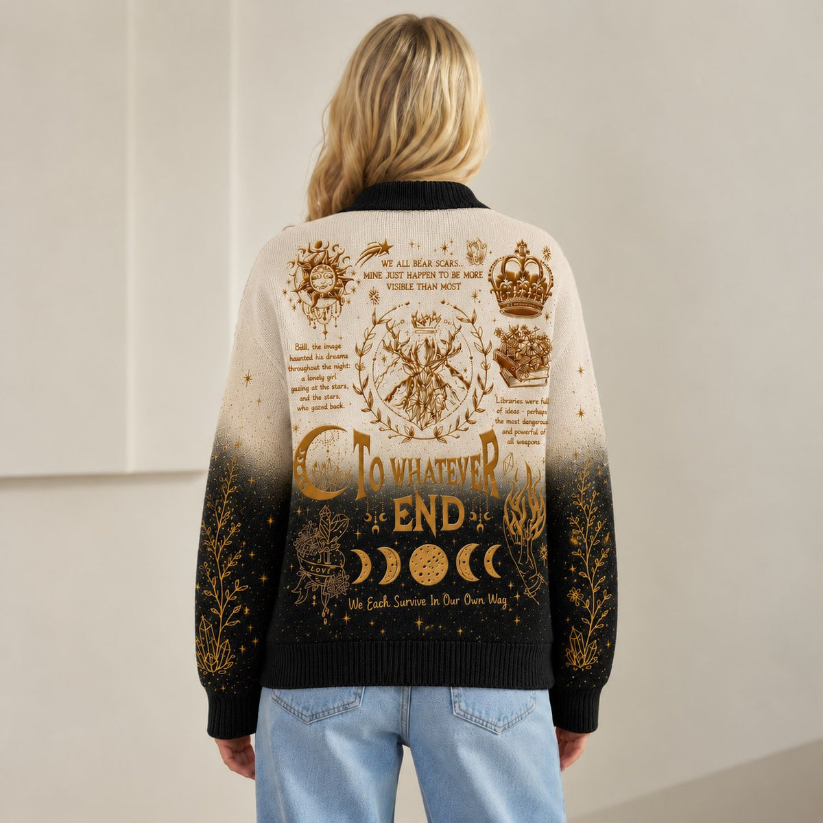 Throne of Glass cardigan To Whatever End gold sun moon cream black knit - view 5