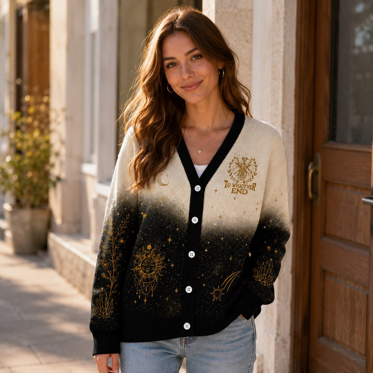 Throne of Glass cardigan To Whatever End gold sun moon cream black knit - view 7