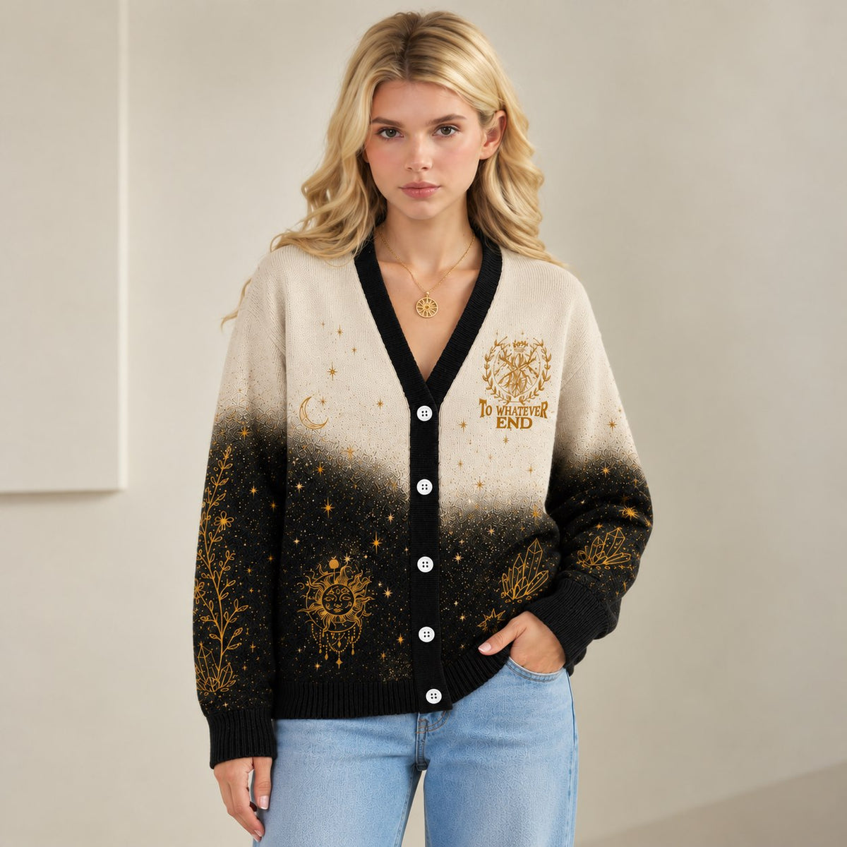 Throne of Glass cardigan To Whatever End gold sun moon cream black knit - view 8