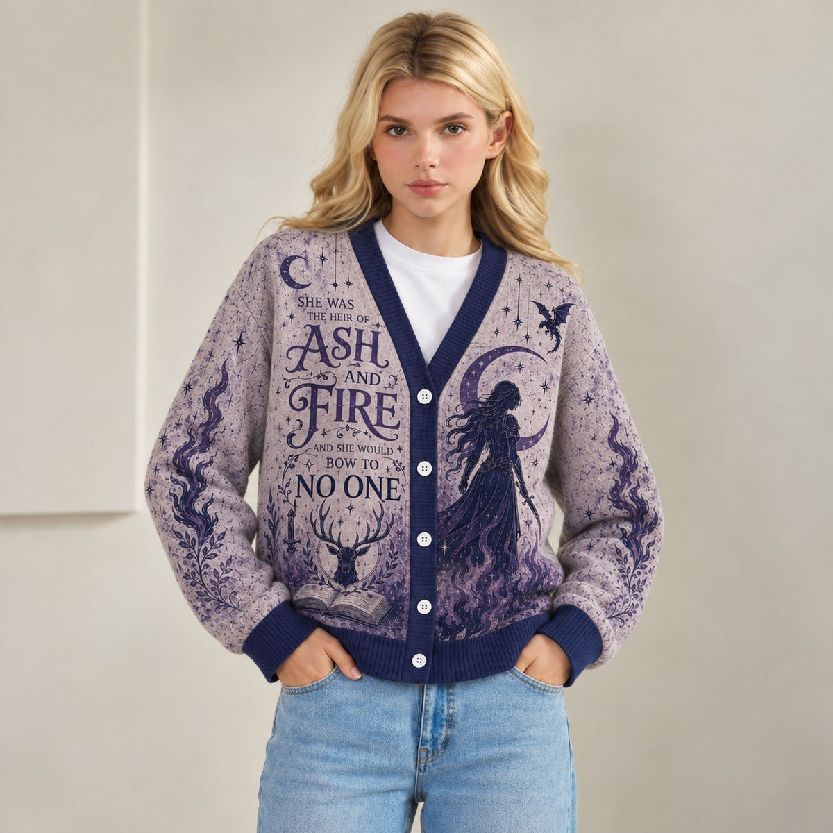Throne of Glass cardigan Aelin ash and fire bow to no one lavender navy knit - view 1
