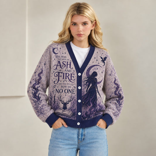 Throne of Glass cardigan Aelin ash and fire bow to no one lavender navy knit - view 1