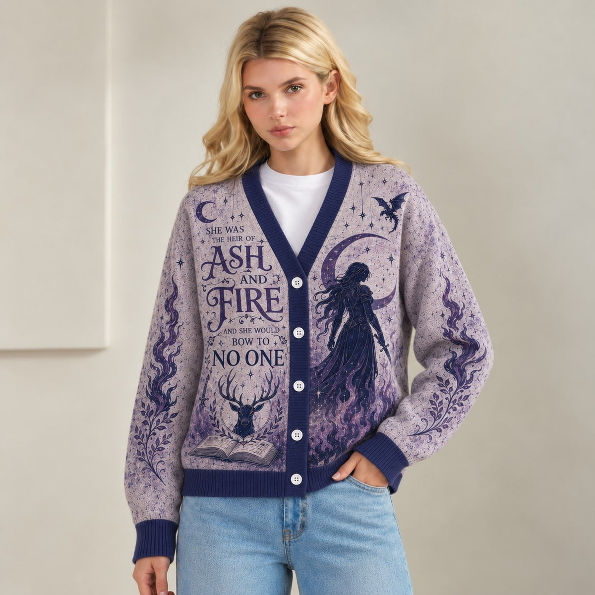 Throne of Glass cardigan Aelin ash and fire bow to no one lavender navy knit - view 2