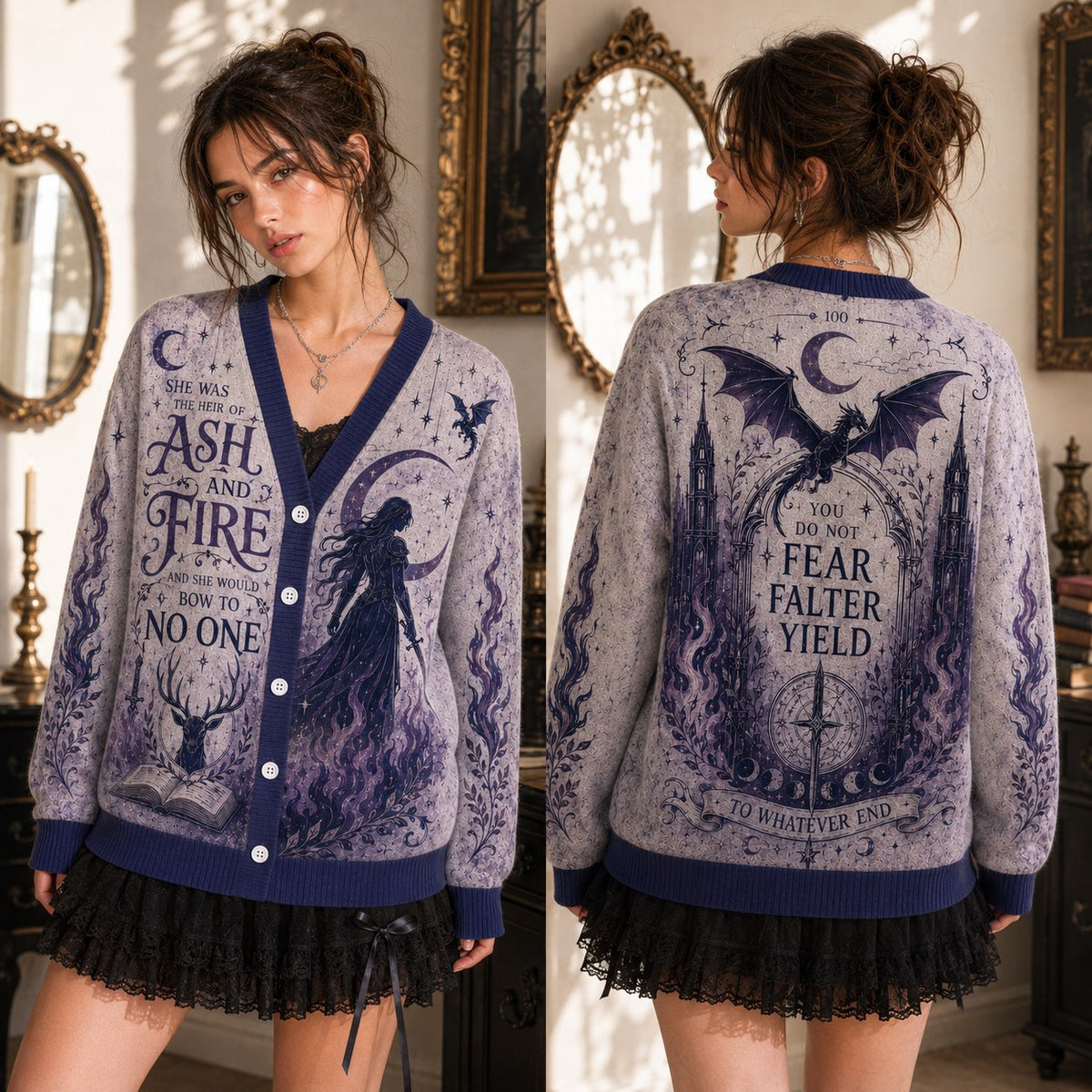 Throne of Glass cardigan Aelin ash and fire bow to no one lavender navy knit - view 4