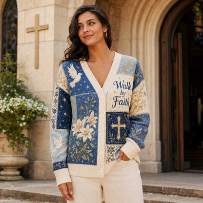 Walk by Faith Christian cardigan blue cream patchwork cross dove lily - view 1