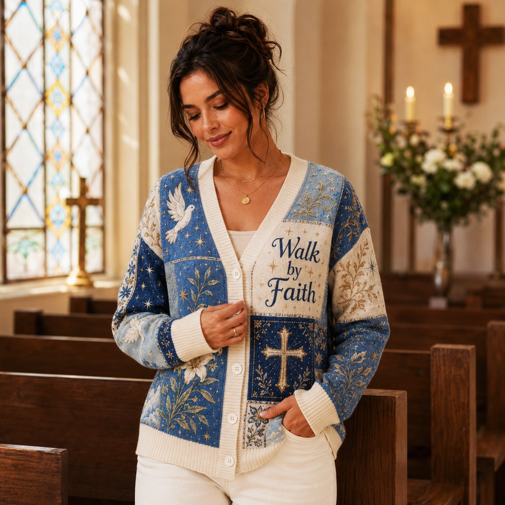 Walk by Faith Christian cardigan blue cream patchwork cross dove lily - view 2