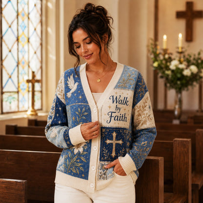 Walk by Faith Christian cardigan blue cream patchwork cross dove lily - view 2