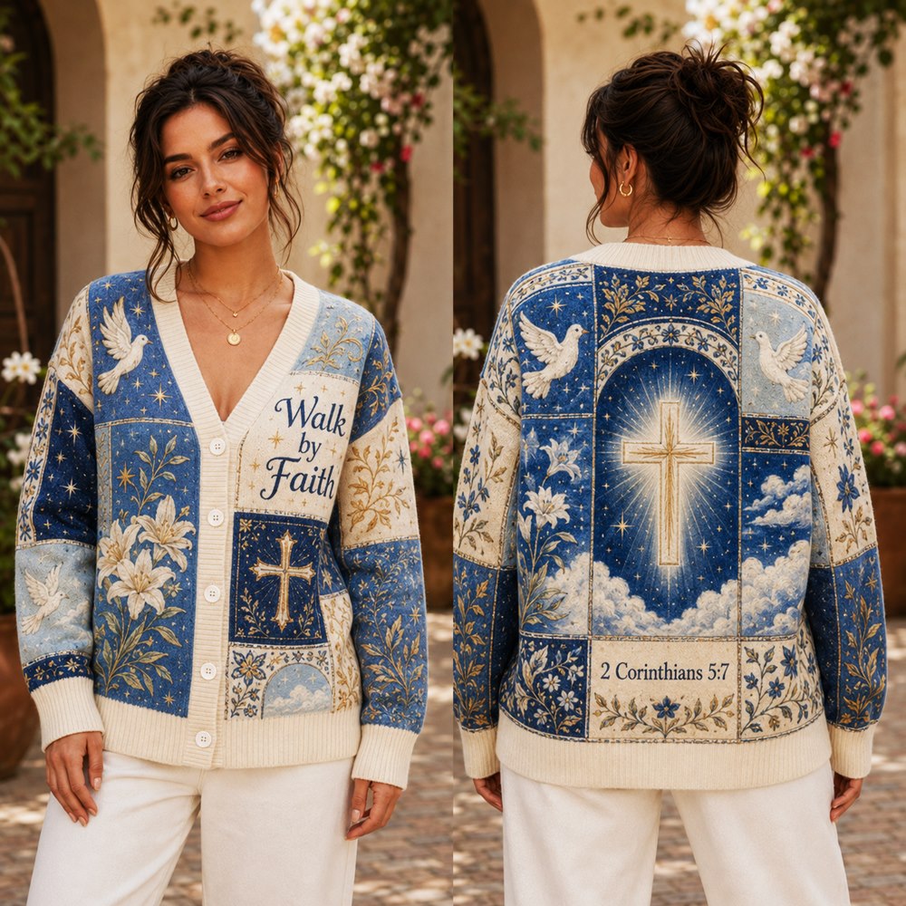 Walk by Faith Christian cardigan blue cream patchwork cross dove lily - view 3