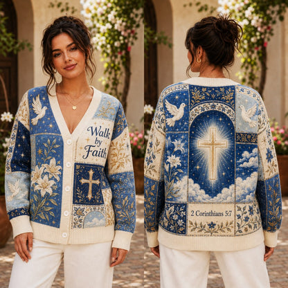 Walk by Faith Christian cardigan blue cream patchwork cross dove lily - view 3